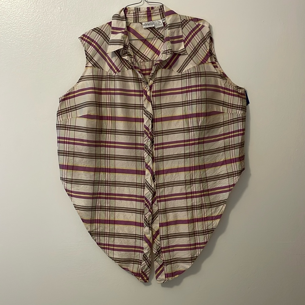 Newport News Jeanology 20W plaid sleeveless tie front western shirt snap buttons - Picture 2 of 7